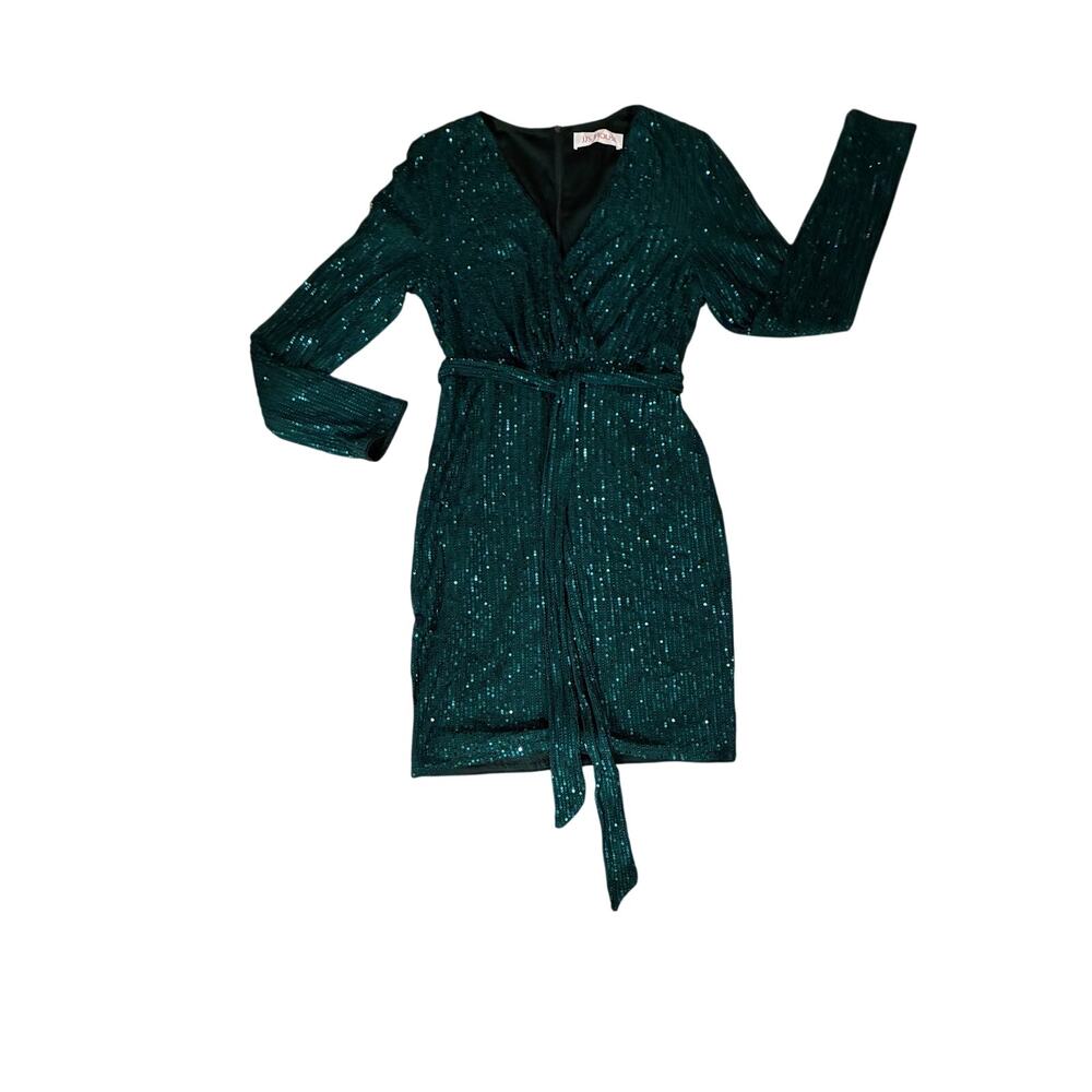 JJ's House Emerald Green Sequin Faux Wrap Mini Dress Long Sleeve Holiday